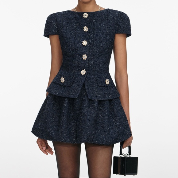 Self portrait NAVY BOUCLE MINI DRESS $650 NWT - Picture 2 of 6